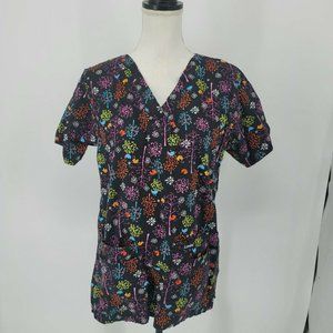 Landau Christmas Scrub Top Christmas Tree Snowflake Short Sleeve Women's Small